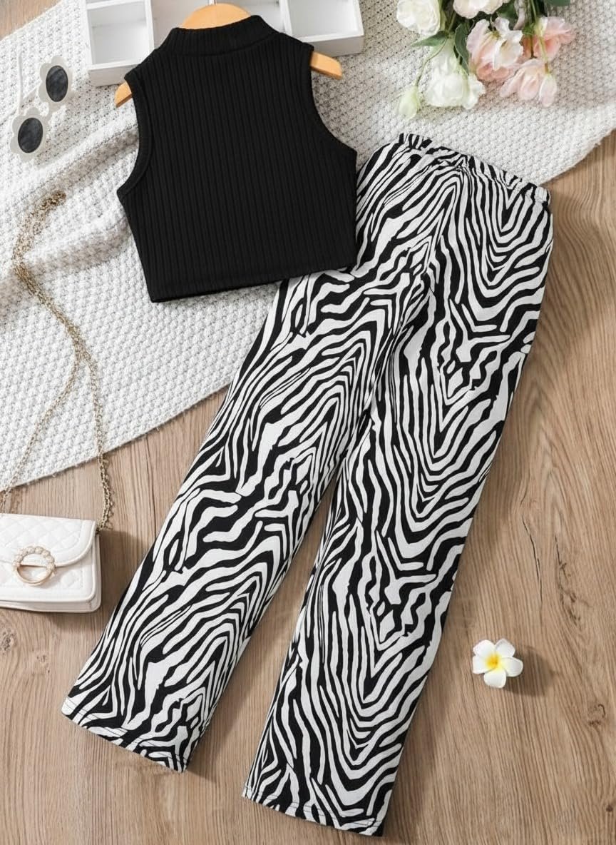Girls Black Sleeveless Crop Top with Zebra Print Wide Leg Palazzo Pants | Stylish Casual Wear Co-Ord Set for Kids (zebra print, 7 YEAR - 8 YEAR) - Image 2
