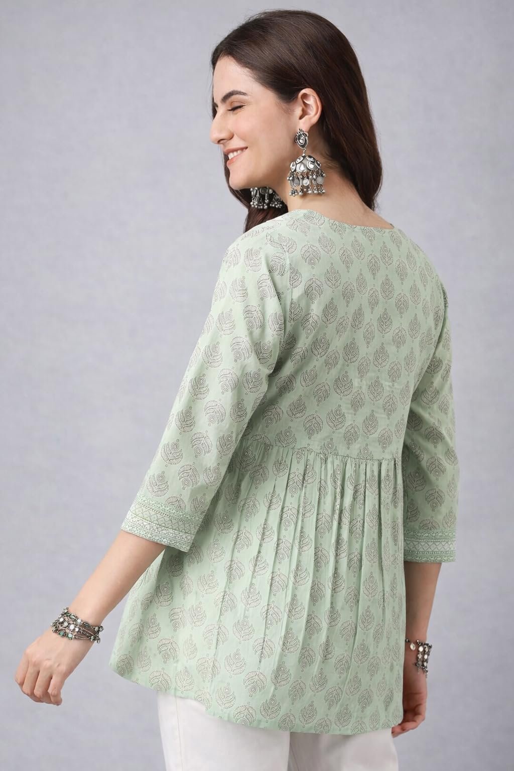 Women’s Viscose Rayon Printed Kurti Top 3/4 Sleeve A-Line Kurti for Women (in, Alpha, Regular, Light Green) - Image 4