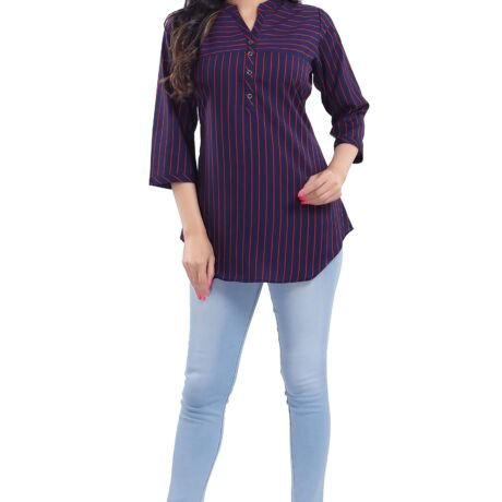 Womens Polyester Crepe Regular fit Straight Casual Wear Short Tunic Top for Girls (Navy Blue) | Short Kurti for Jeans for Women