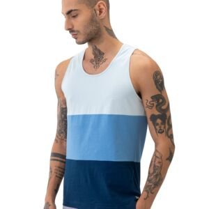 Breeeze Tank Top, Ultra-Lightweight Gym Vests for Men Workout, Anti-Fade Cotton Blend Sando for Man, Relaxed Fit and Airy Sleeveless T Shirts-Blue & White Splicing