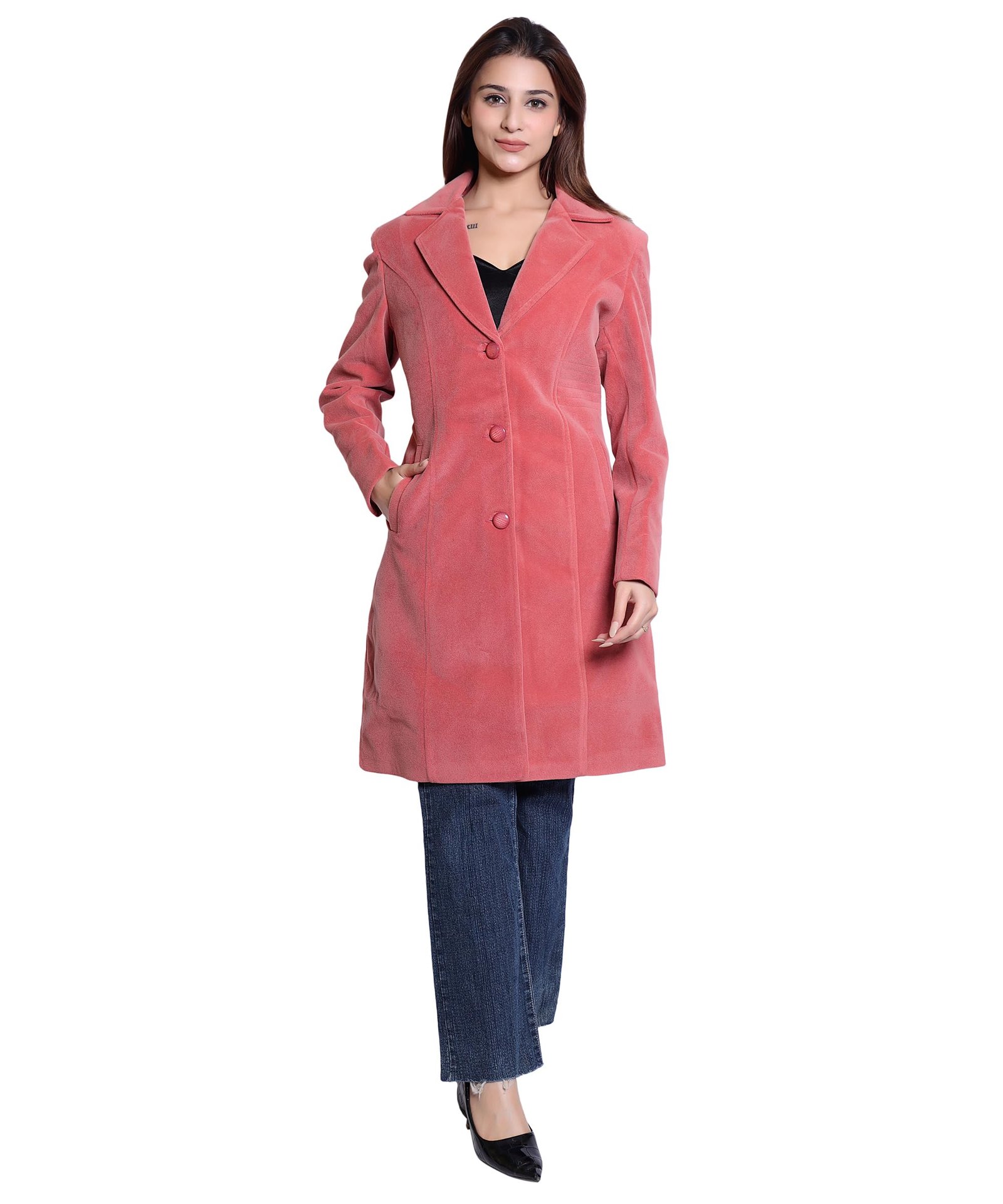CUT Women's Long Overcoat | Elegant Slim Fit Winter Jacket | Formal Office Wear | Stylish Outerwear with Button Closure & Side Pockets for All Seasons