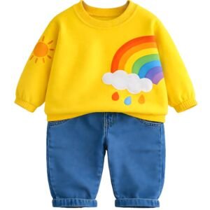 Printed Sweat Shirt with Denim Pant for Boys - Cotton Clothing Set for Baby Boy | Soft Fabric Full Sleeves Sweat Shirt | Regular Fit Kids Outfit | Rainbow (Yellow, 6-7Y)