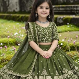 Kids Chiffon Lehenga Choli, Traditional Ethnic Wear for Girls (GREEN, 10-11 Y)