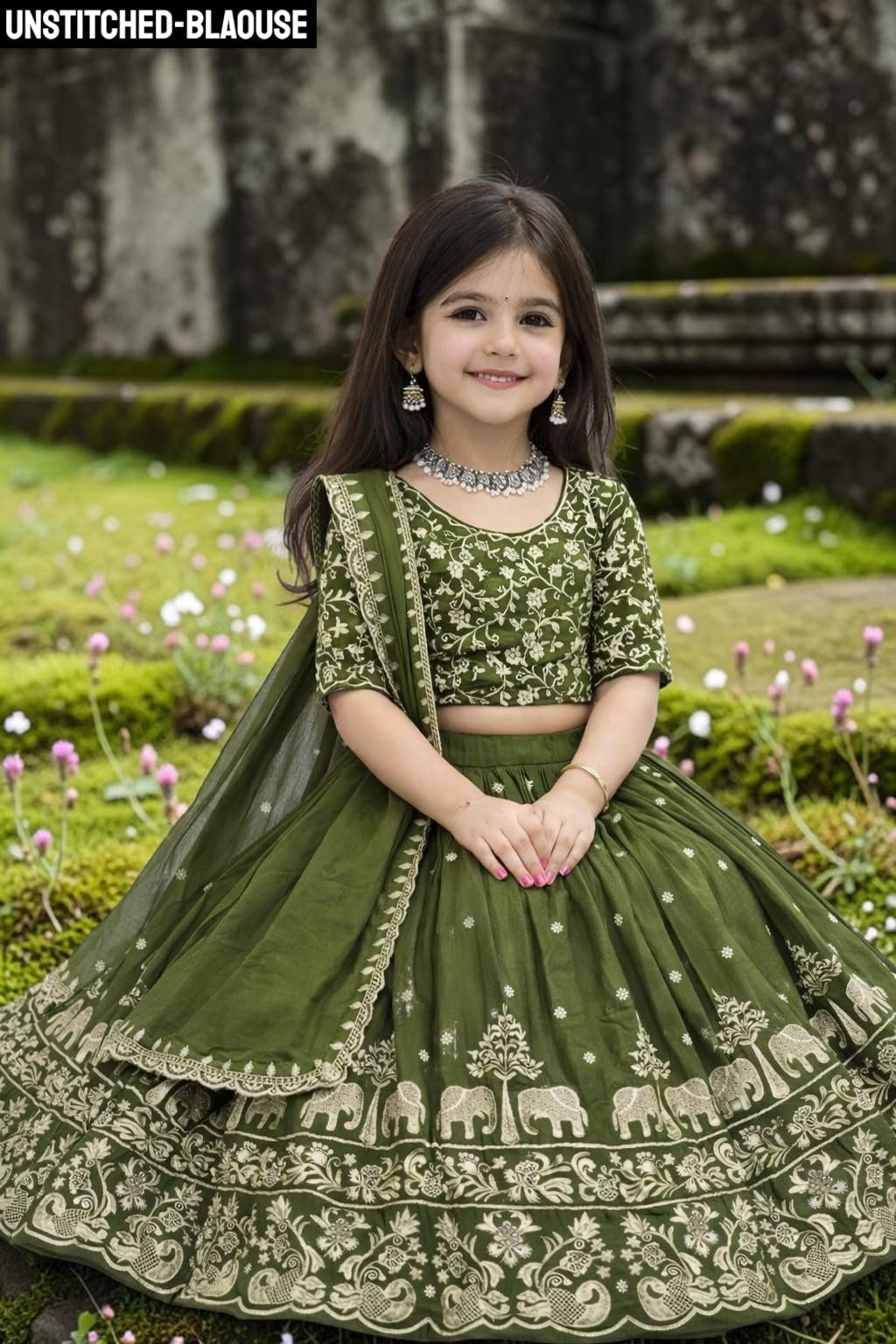 Kids Chiffon Lehenga Choli, Traditional Ethnic Wear for Girls (GREEN, 10-11 Y)