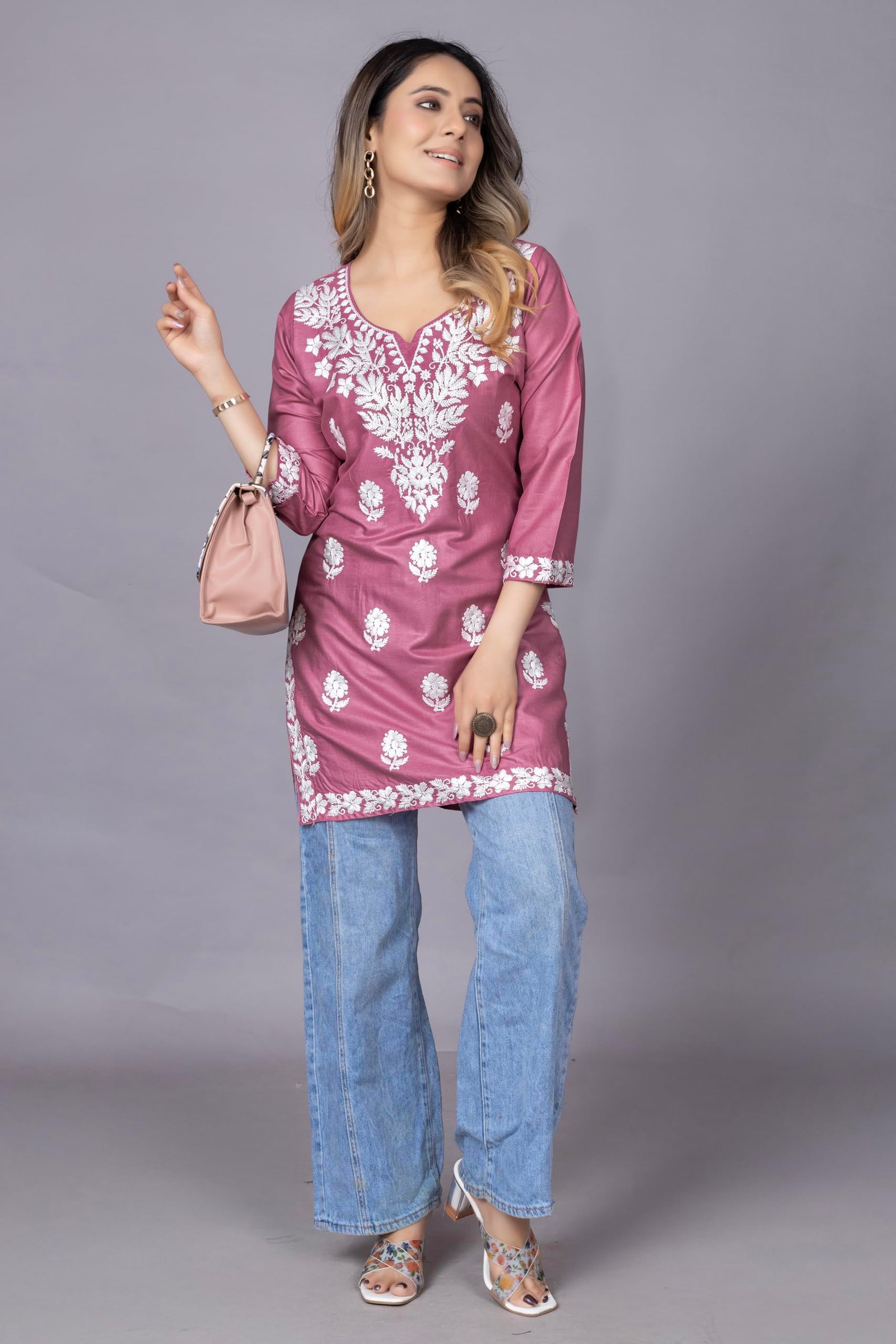 Women's Yellow Chikankari Kurti, Floral Embroidered, V-Neck, Full Sleeves, Ethnic Wear (in, Alpha, 3XL, Pink) - Image 4