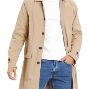 Mens Trench Coat Slim Fit Single Breasted Casual Long Jacket Lightweight Lapel Fall Windbreaker Overcoat, Light Khaki, Medium