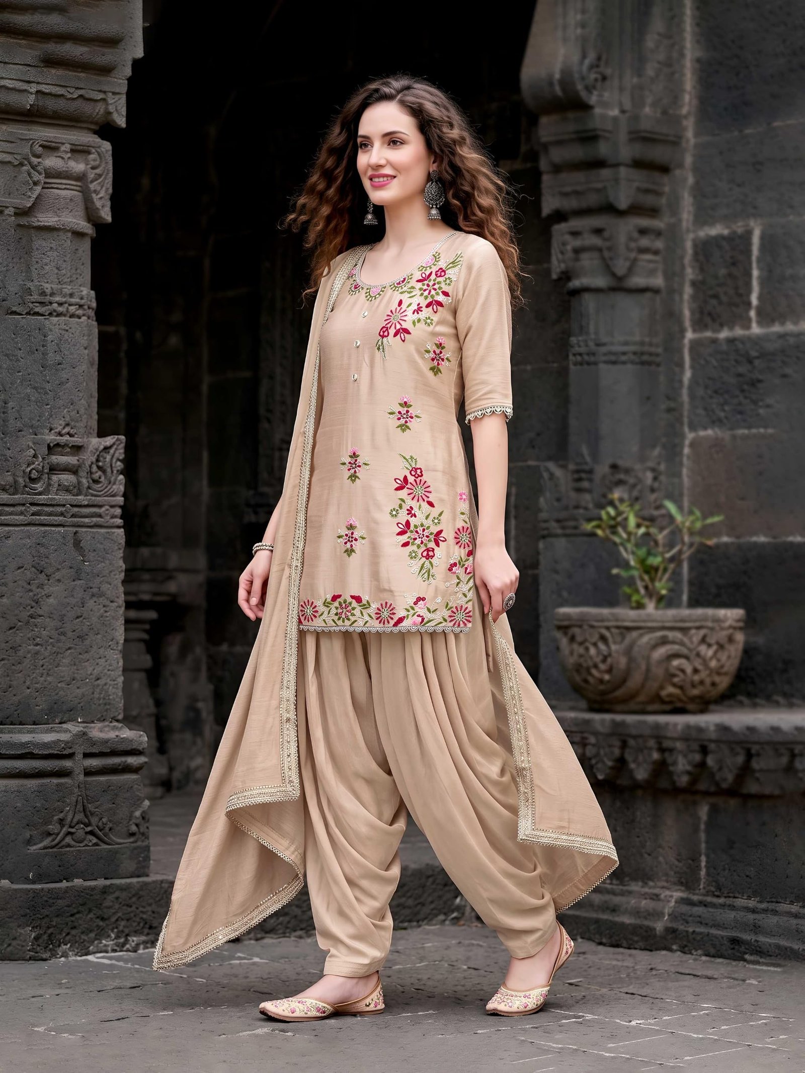 Women's Beige Embroidered Chinon Silk Kurti Patiala Set with Dupatta | Floral Ethnic Suit Set for Wedding - Image 2