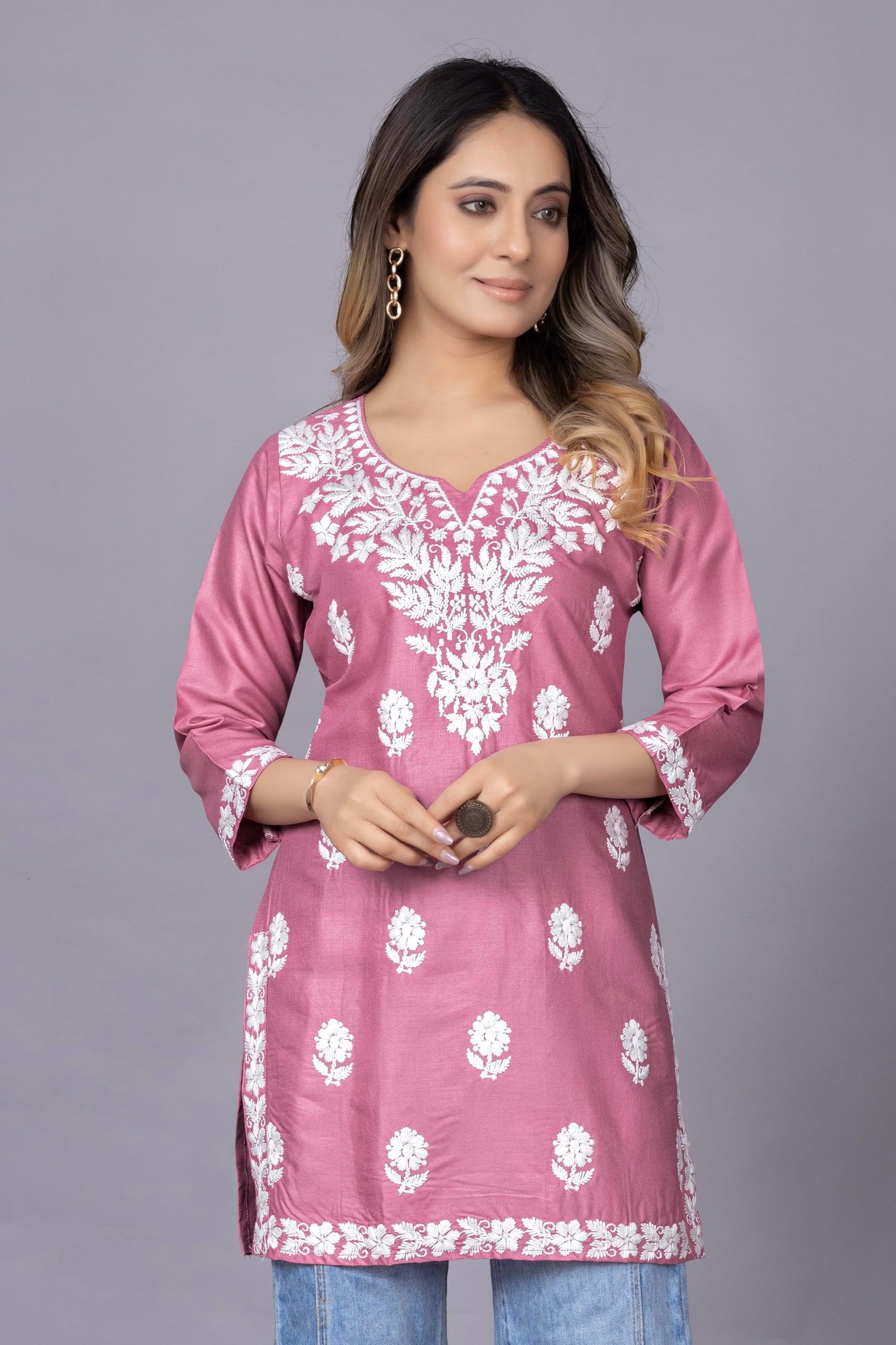Women's Yellow Chikankari Kurti, Floral Embroidered, V-Neck, Full Sleeves, Ethnic Wear (in, Alpha, 3XL, Pink) - Image 6