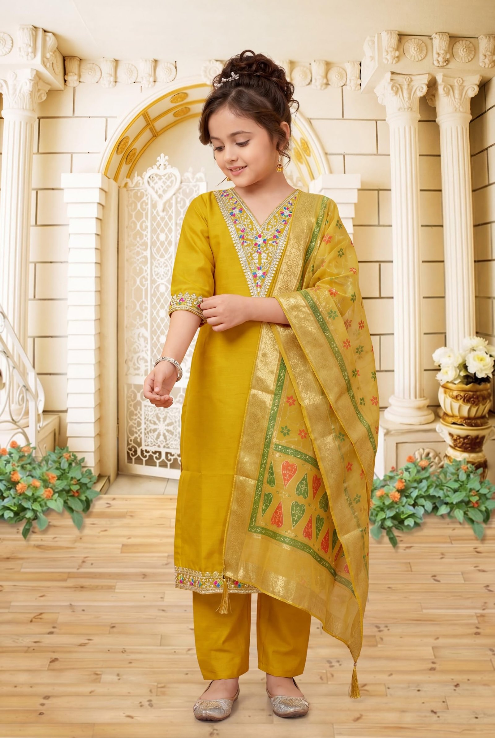 Girls Ethnic Kurta Pyjama Dupatta Set V Neck 3/4 Sleeve Embroidered Cotton Blend Suit Set Soft & Breathable Traditional Outfit for Girls (IN, Age, 11 Years, 12 Years, yellow) - Image 6