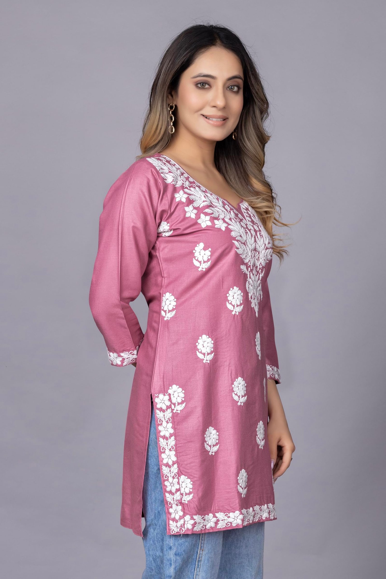 Women's Yellow Chikankari Kurti, Floral Embroidered, V-Neck, Full Sleeves, Ethnic Wear (in, Alpha, 3XL, Pink) - Image 2