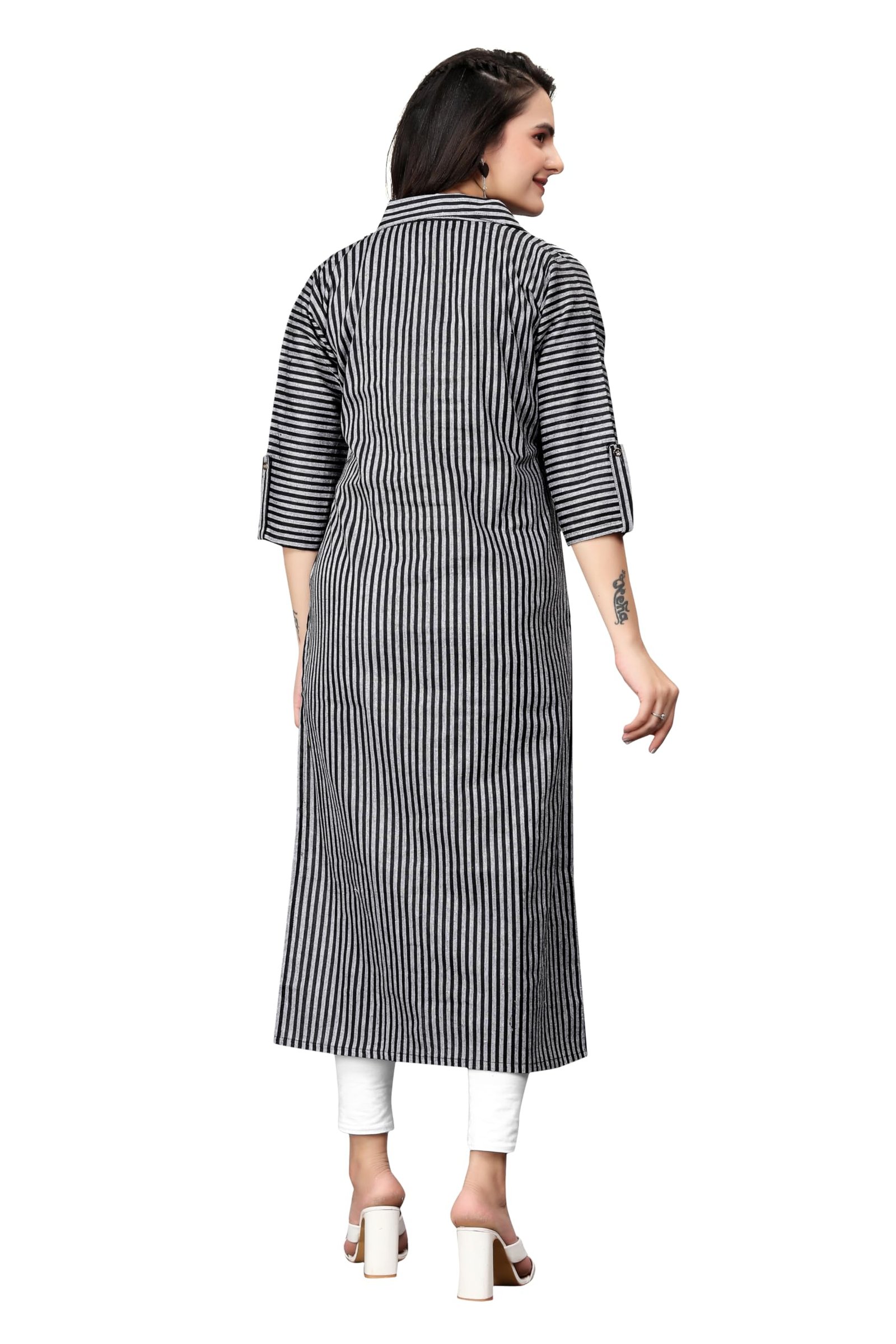 Women Striped Cotton Straight Fit Kurta (Pink) (Medium, Black) - Image 2
