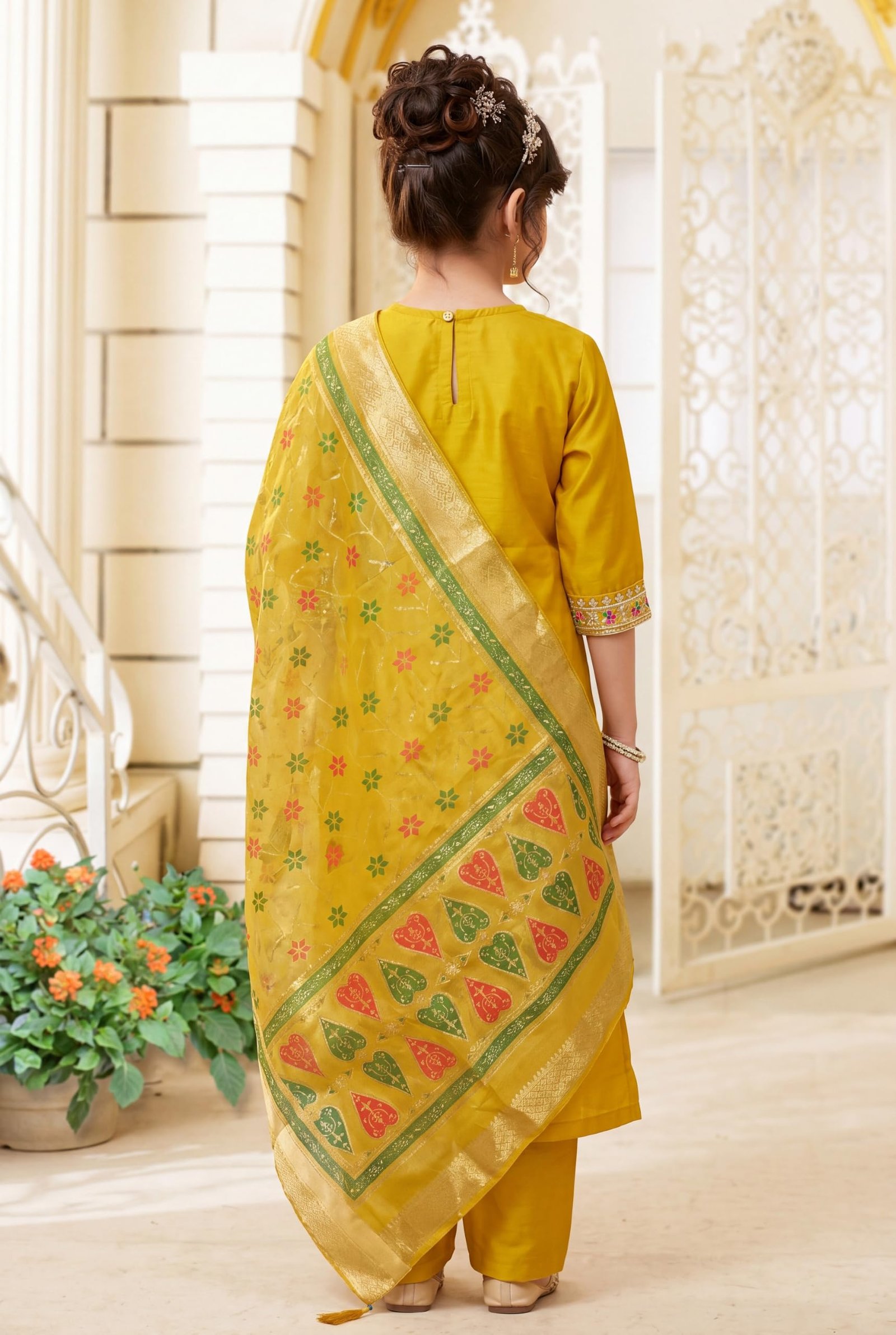 Girls Ethnic Kurta Pyjama Dupatta Set V Neck 3/4 Sleeve Embroidered Cotton Blend Suit Set Soft & Breathable Traditional Outfit for Girls (IN, Age, 11 Years, 12 Years, yellow) - Image 2