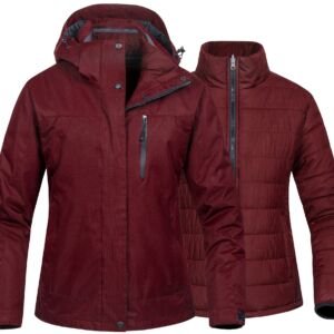 Women's 3 In 1 Waterproof Ski Jacket Windproof Snowboarding Jacket Warm Winter Snow Coat Raincoat, Wine Red, Medium