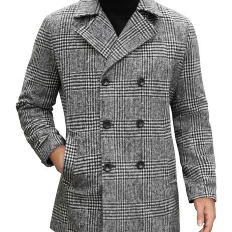 Men's Double Breasted Pea Coat Winter Overcoat Short Trench Coat Notched Collar, Grey Plaid, Small