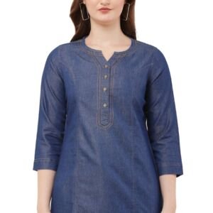 Adeline Creation Denim Kurti for Women, 3/4 Sleeve, Button Front, Blue (in, Alpha, 3XL, Navy Blue)