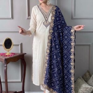 Women Rayon Embroidered Kurta Bottom Ensemble with Printed Badhani Dupatta Ethnic Set Cream L