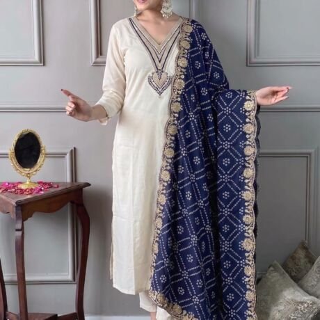 Women Rayon Embroidered Kurta Bottom Ensemble with Printed Badhani Dupatta Ethnic Set Cream L