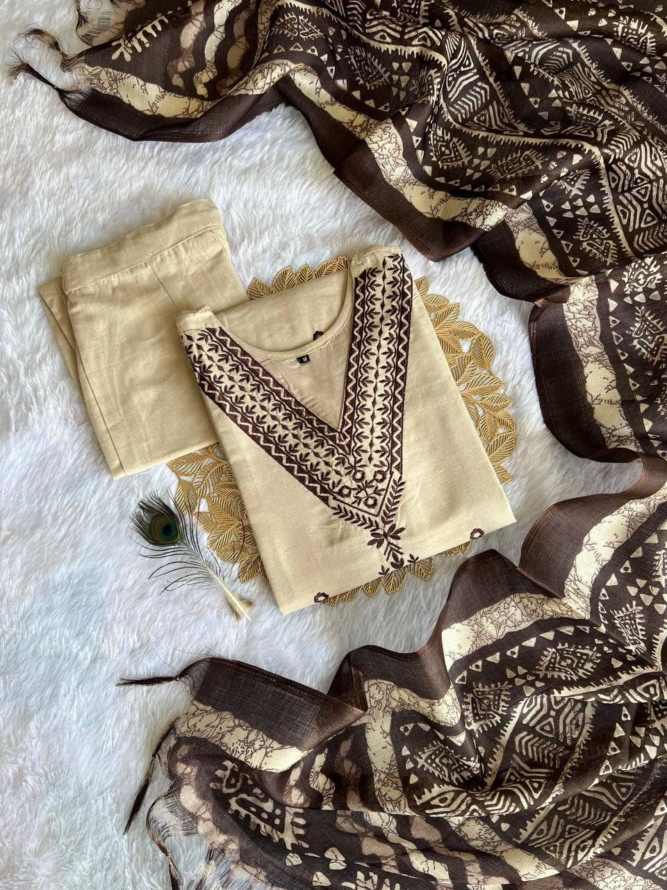 Underline Women’s Printed Kurta Set | Cream & Brown Kurta Pant Dupatta 3 Piece Ethnic Outfit | V Neck 3/4 Sleeve Traditional Indian Wear | Stylish Festive & Casual Dress - Image 7