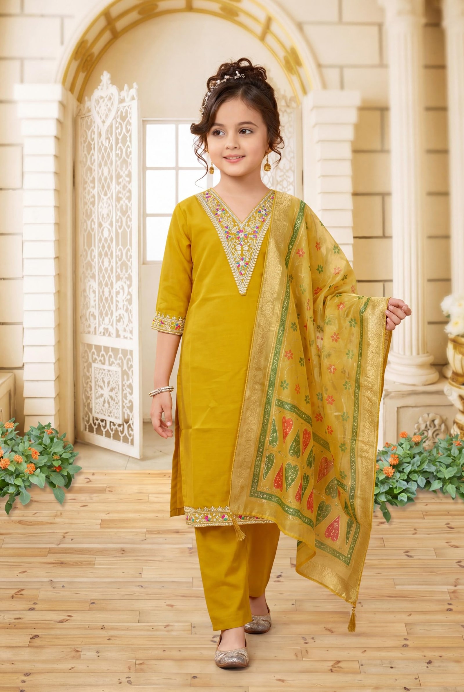 Girls Ethnic Kurta Pyjama Dupatta Set V Neck 3/4 Sleeve Embroidered Cotton Blend Suit Set Soft & Breathable Traditional Outfit for Girls (IN, Age, 11 Years, 12 Years, yellow) - Image 4