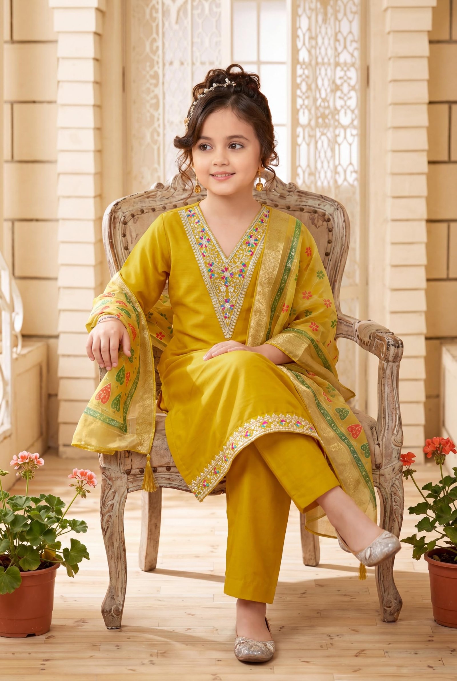 Girls Ethnic Kurta Pyjama Dupatta Set V Neck 3/4 Sleeve Embroidered Cotton Blend Suit Set Soft & Breathable Traditional Outfit for Girls (IN, Age, 11 Years, 12 Years, yellow) - Image 3