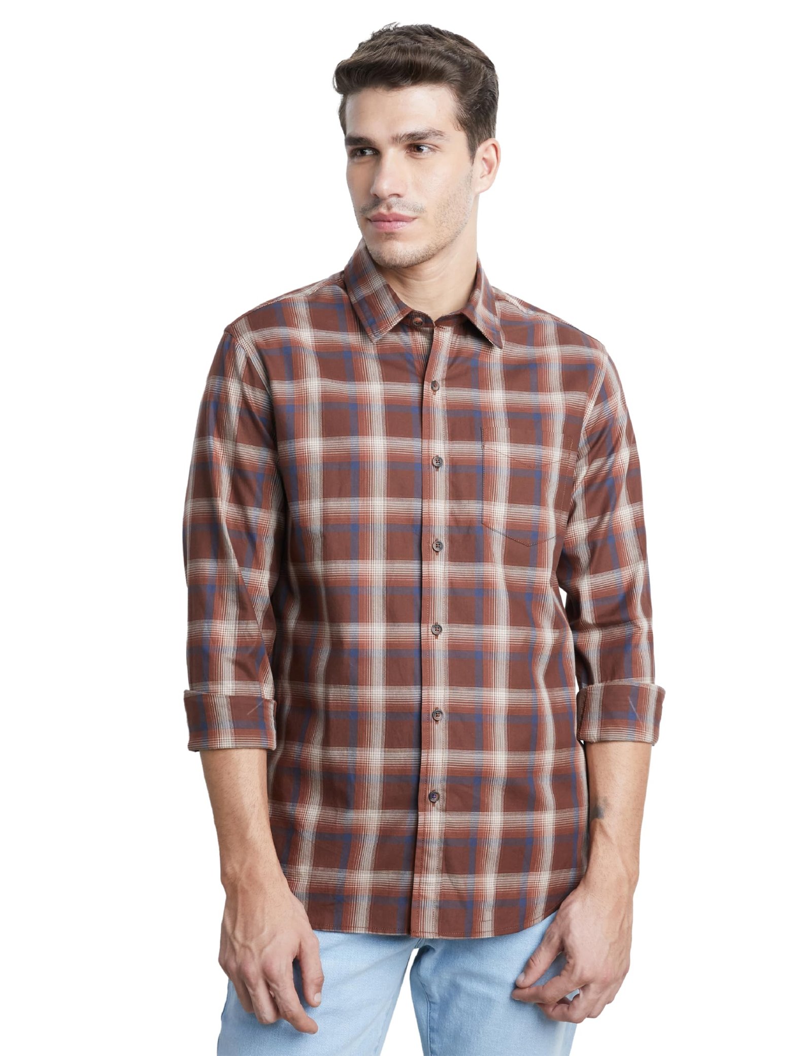 Men's Stylish Checkered Casual Shirt - Regular Fit | Full Sleeve | Pure Cotton | Smart Casual Wear (Available in Plus Size) (SP-M-S25-CS-108-Brown1-6XL)