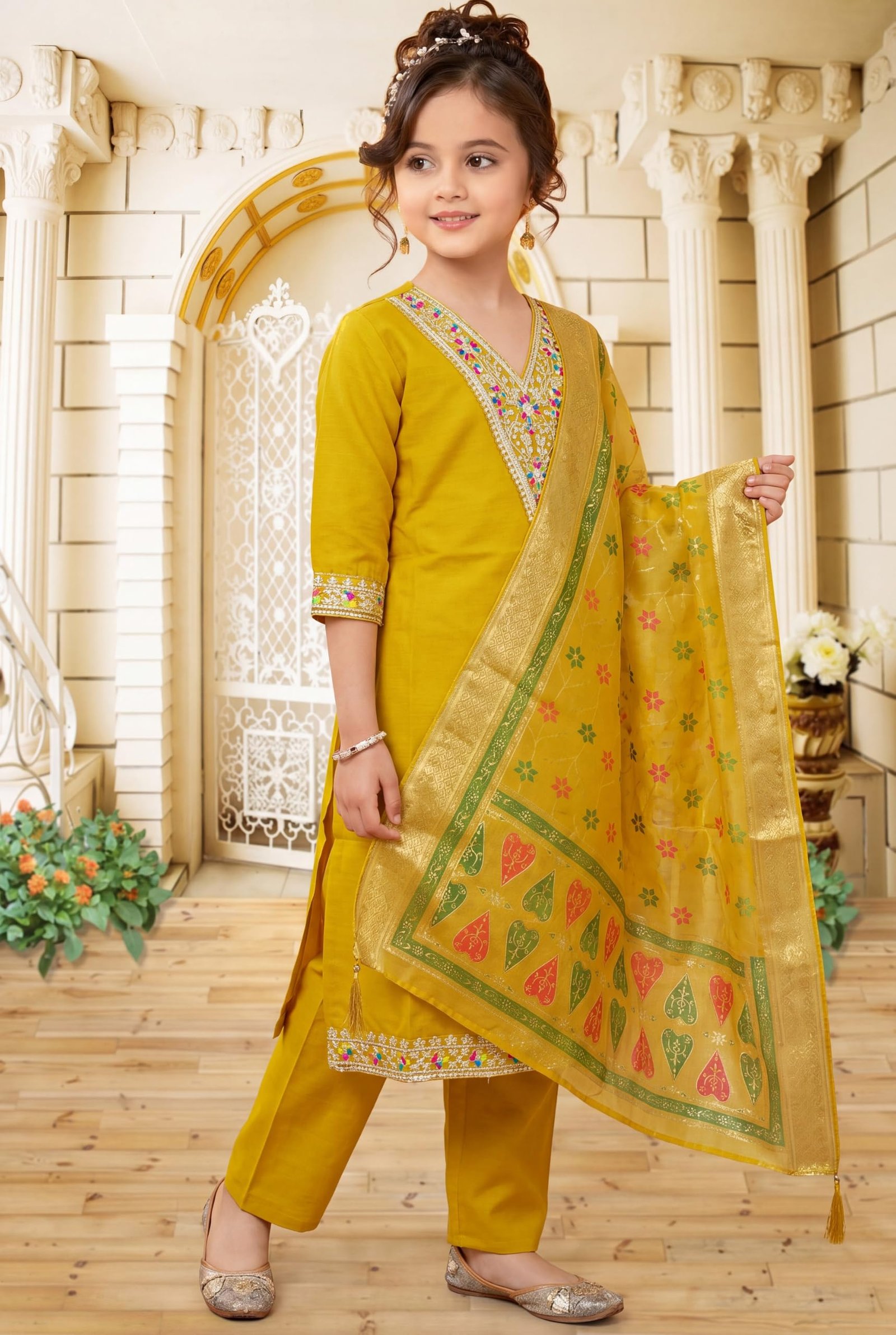 Girls Ethnic Kurta Pyjama Dupatta Set V Neck 3/4 Sleeve Embroidered Cotton Blend Suit Set Soft & Breathable Traditional Outfit for Girls (IN, Age, 11 Years, 12 Years, yellow) - Image 5