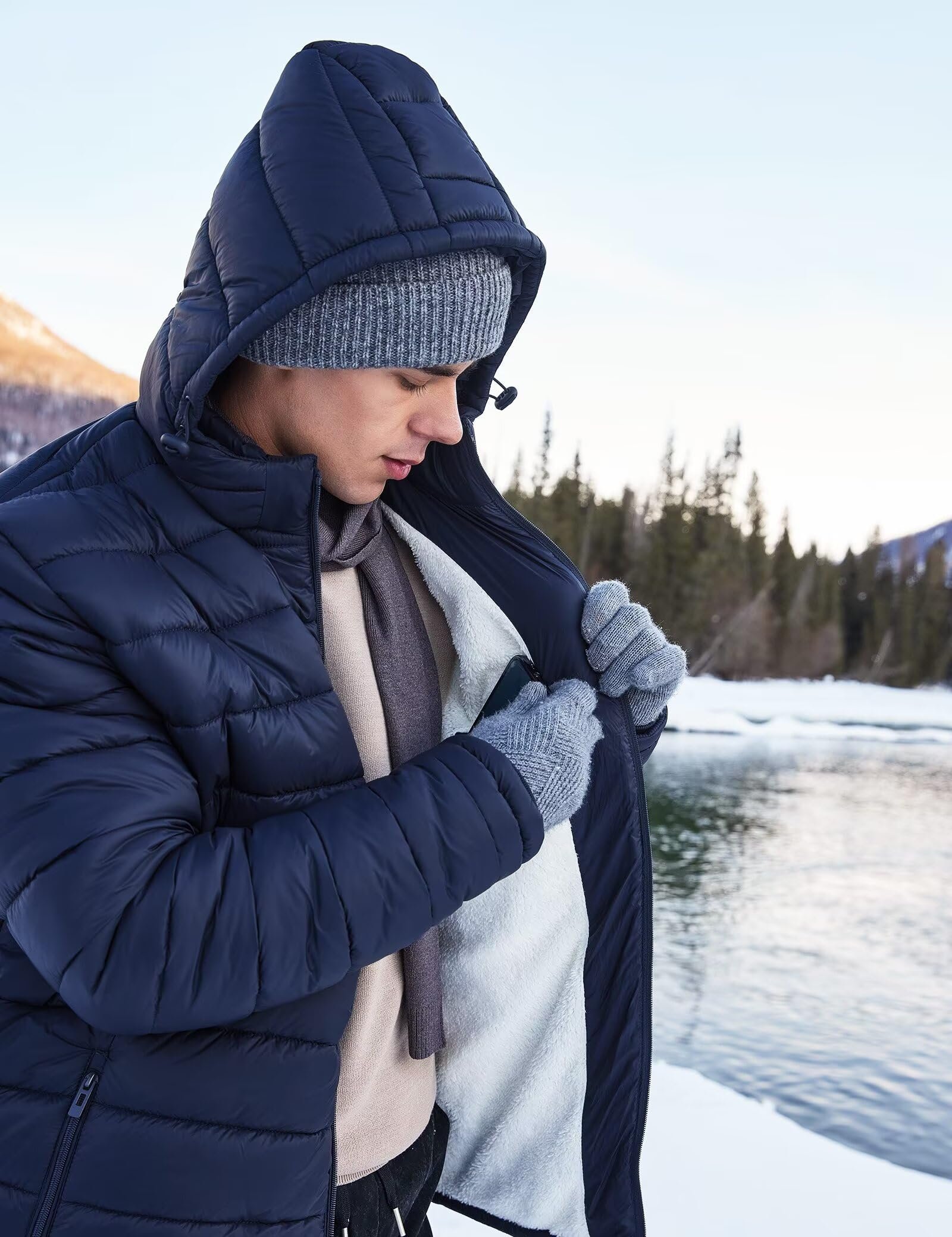 Men's Winter Puffer Jacket Hooded Fleece Warm Outerwear, Inkling Blue, XX-Large - Image 5