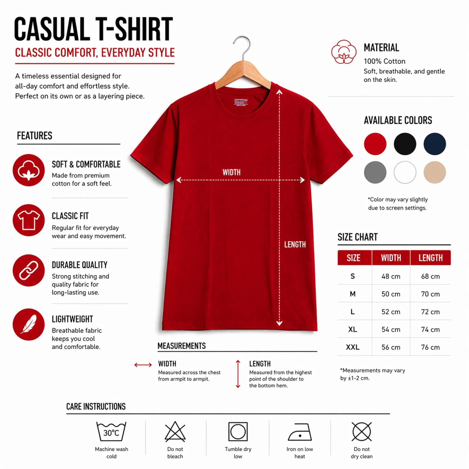 Men's Round Neck Short Sleeve Casual T-Shirt | Men's Regular Fit Casual T-Shirt (in, Alpha, Regular, Red) - Image 2