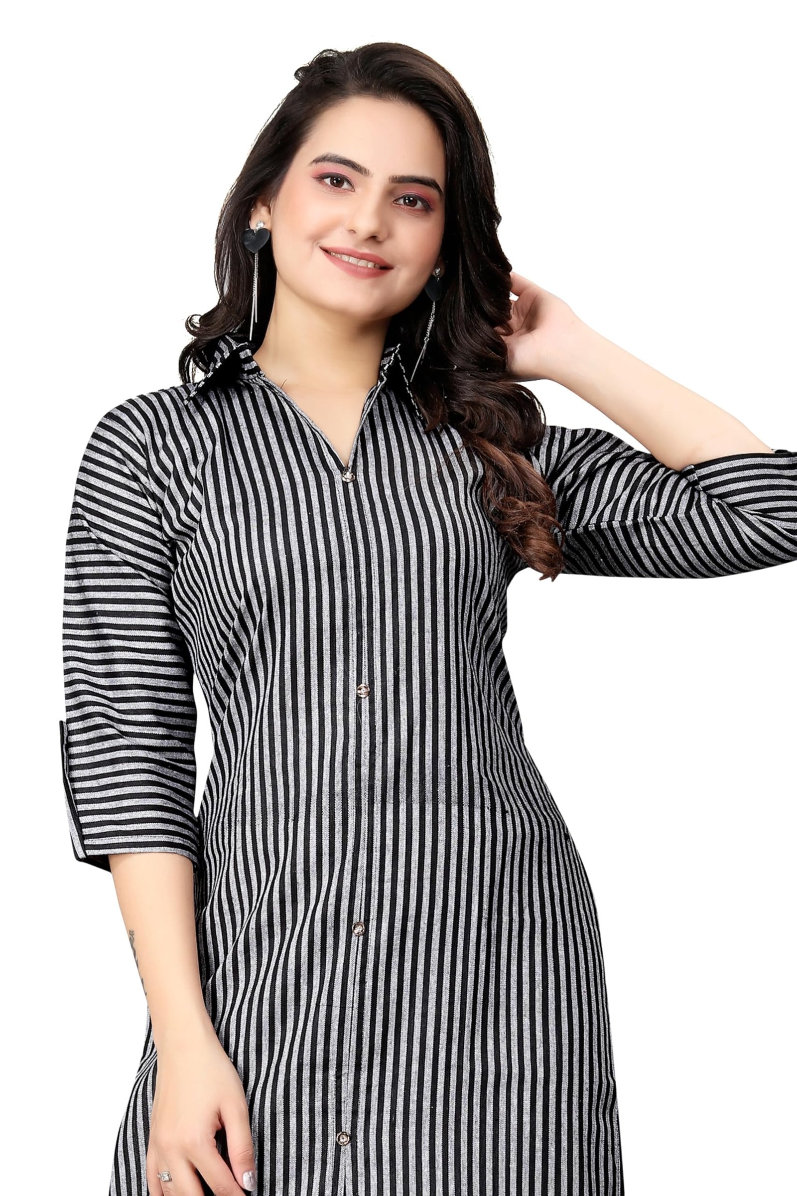Women Striped Cotton Straight Fit Kurta (Pink) (Medium, Black) - Image 3