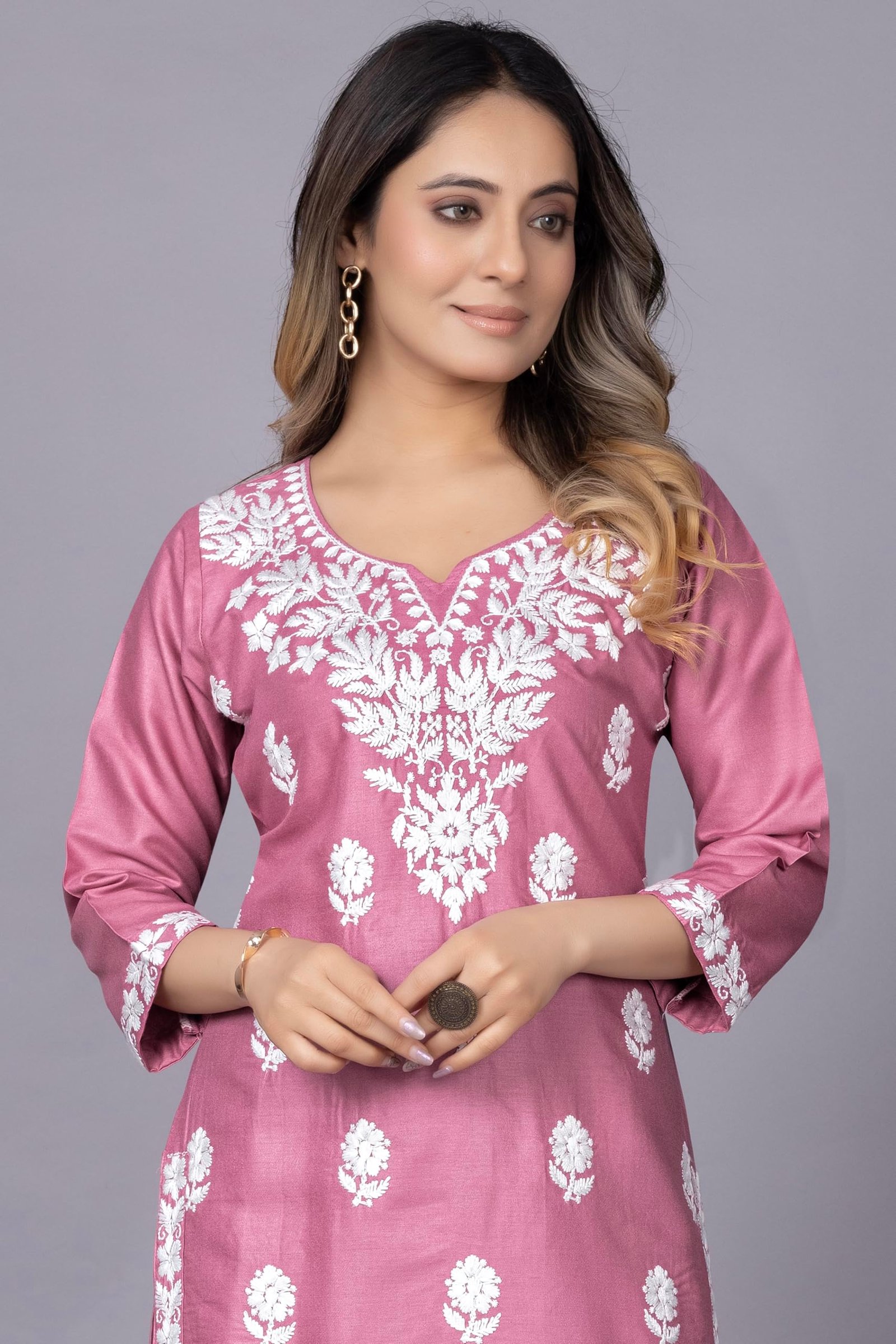 Women's Yellow Chikankari Kurti, Floral Embroidered, V-Neck, Full Sleeves, Ethnic Wear (in, Alpha, 3XL, Pink) - Image 5