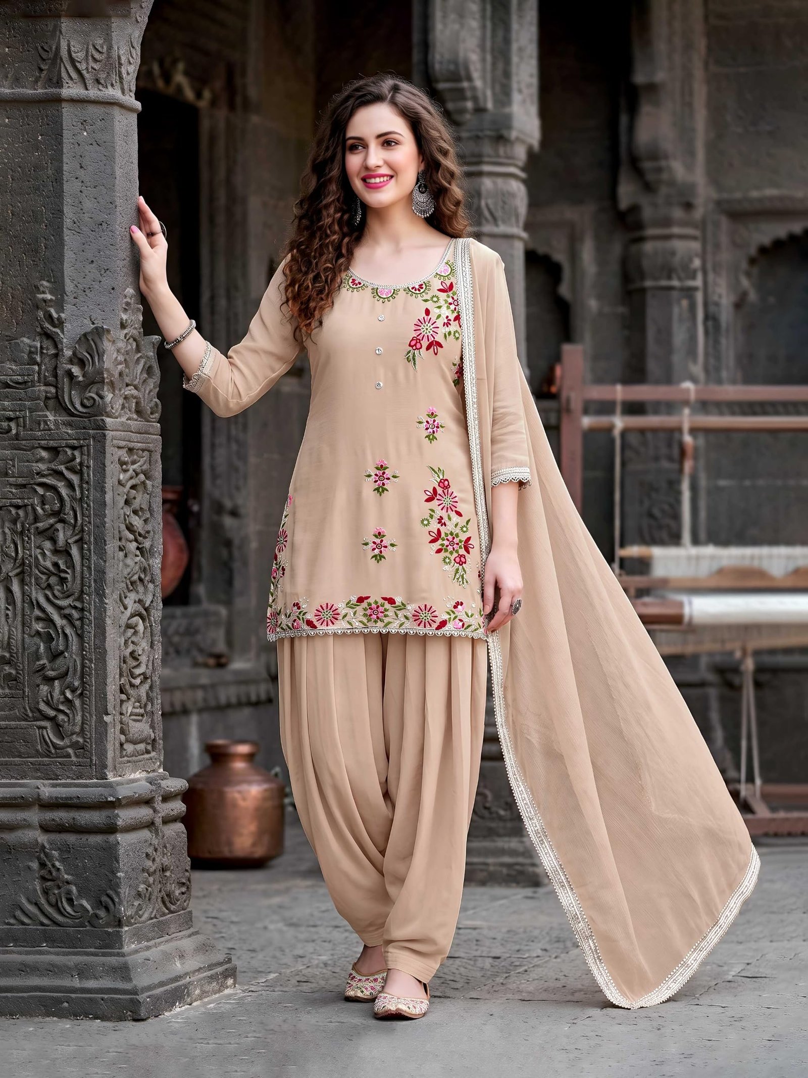 Women's Beige Embroidered Chinon Silk Kurti Patiala Set with Dupatta | Floral Ethnic Suit Set for Wedding - Image 3