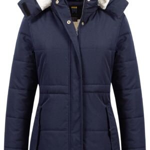 Women's Thicken Sherpa Winter Coat Puffy Warm Snow Jacket With Removable Hood, Navy Blue, Small