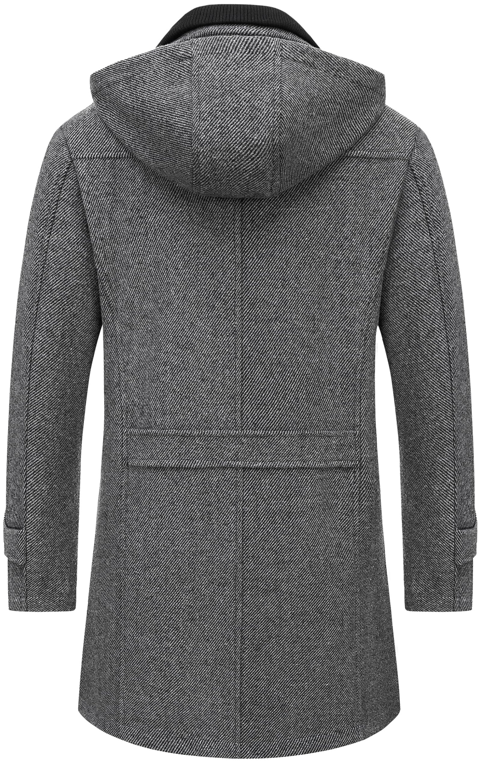 Men's Classic Long Pea Coat Warm Wool Blend Winter Trench Coat Single Breasted Overcoat with Detachable Collar, Dark Grey - Image 3