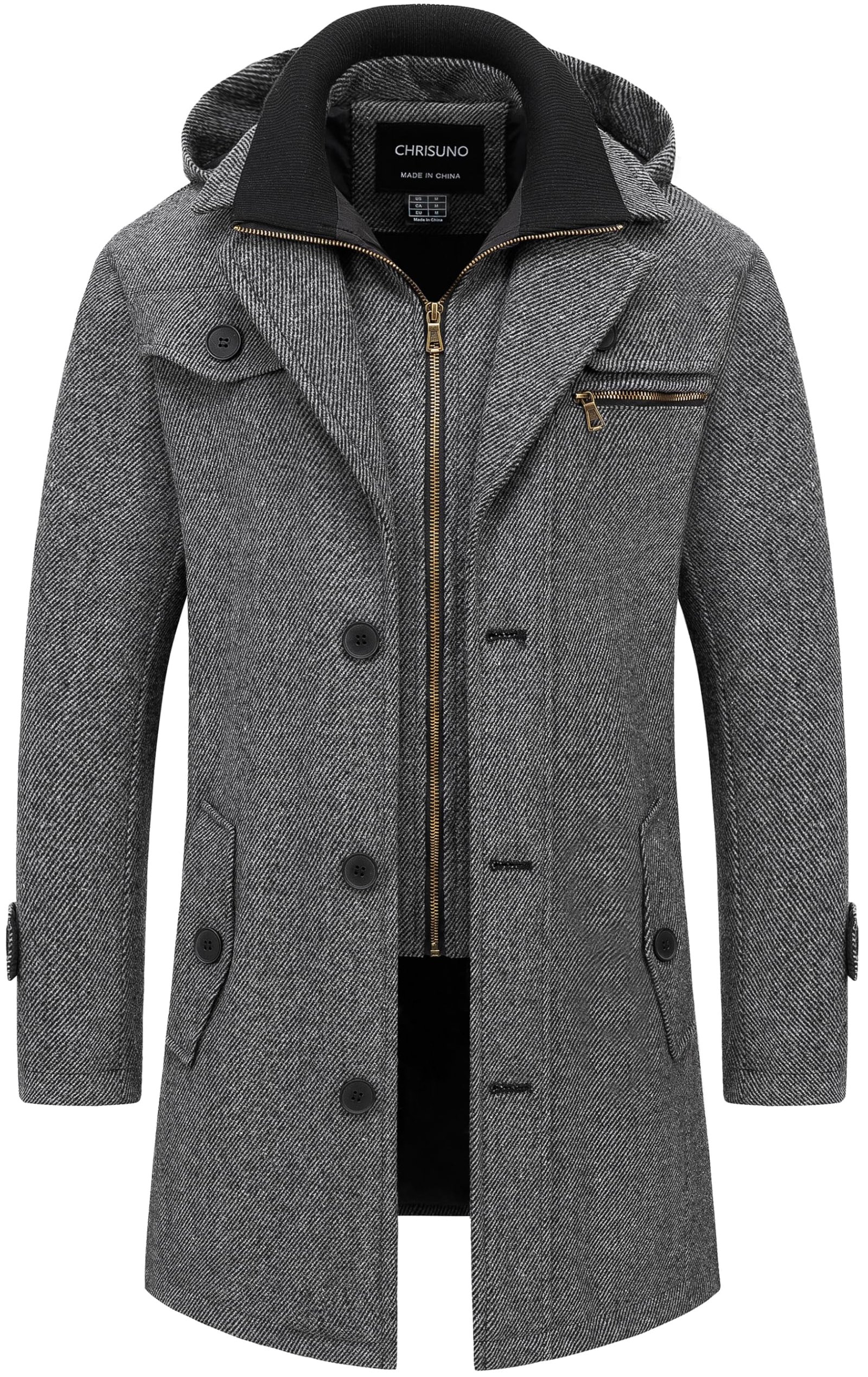 Men's Classic Long Pea Coat Warm Wool Blend Winter Trench Coat Single Breasted Overcoat with Detachable Collar, Dark Grey