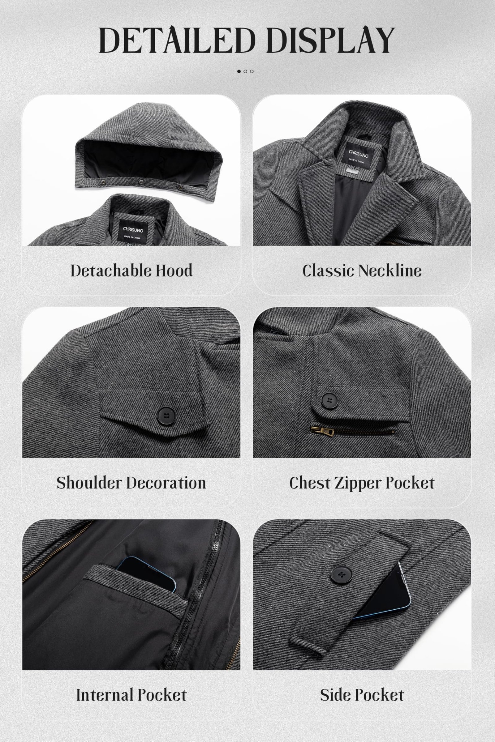 Men's Classic Long Pea Coat Warm Wool Blend Winter Trench Coat Single Breasted Overcoat with Detachable Collar, Dark Grey - Image 7