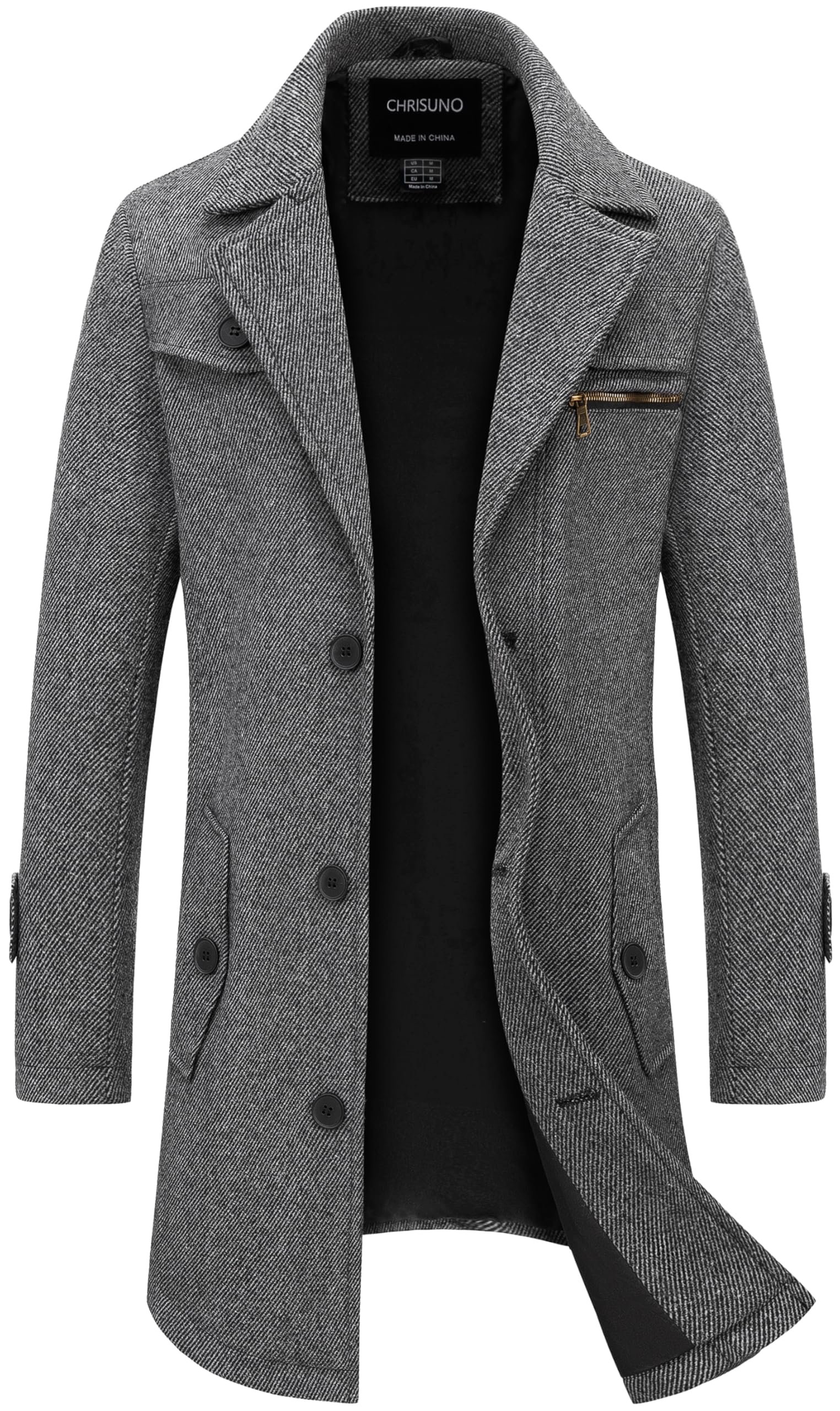Men's Classic Long Pea Coat Warm Wool Blend Winter Trench Coat Single Breasted Overcoat with Detachable Collar, Dark Grey - Image 2