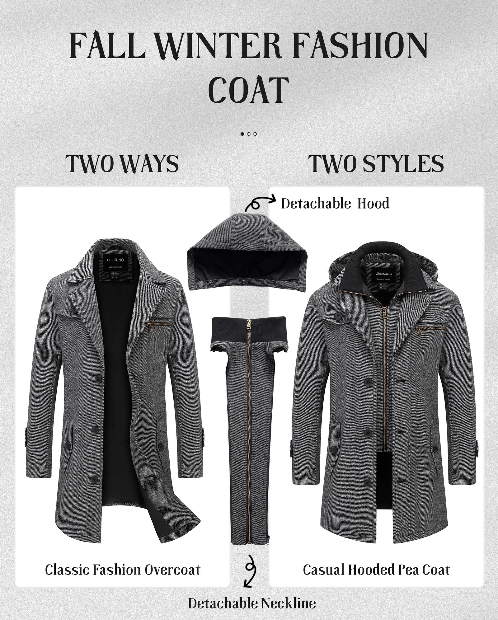 Men's Classic Long Pea Coat Warm Wool Blend Winter Trench Coat Single Breasted Overcoat with Detachable Collar, Dark Grey - Image 4